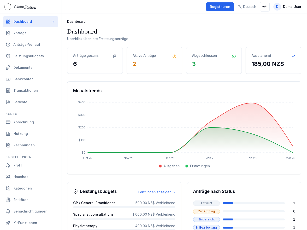 ClaimStation-Dashboard mit Ansprüche-Übersicht